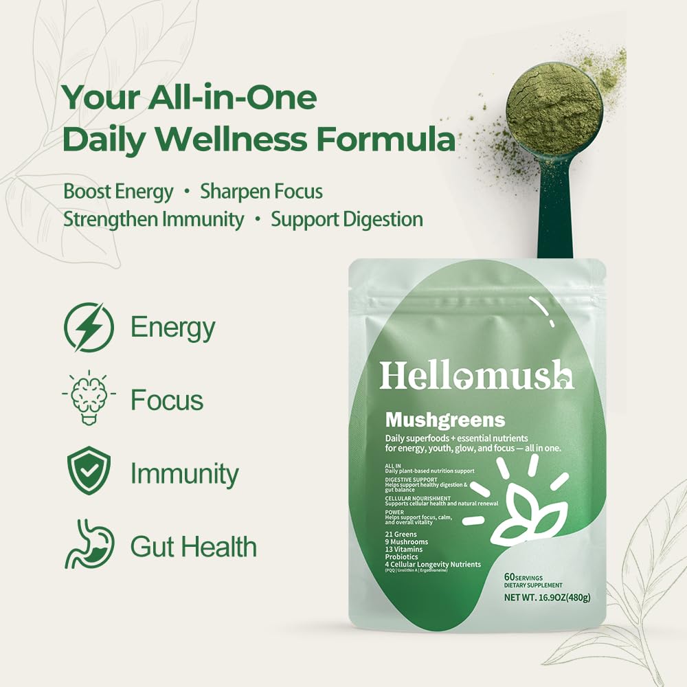 Hellomush Super Greens Powder Superfood, Daily Green Powder Supplement with Probiotics Drink Mix for Men & Women, Blend of Greens, Mushrooms, Vitamins, Probiotics and Cellular Nutrients - dailyvitalstore