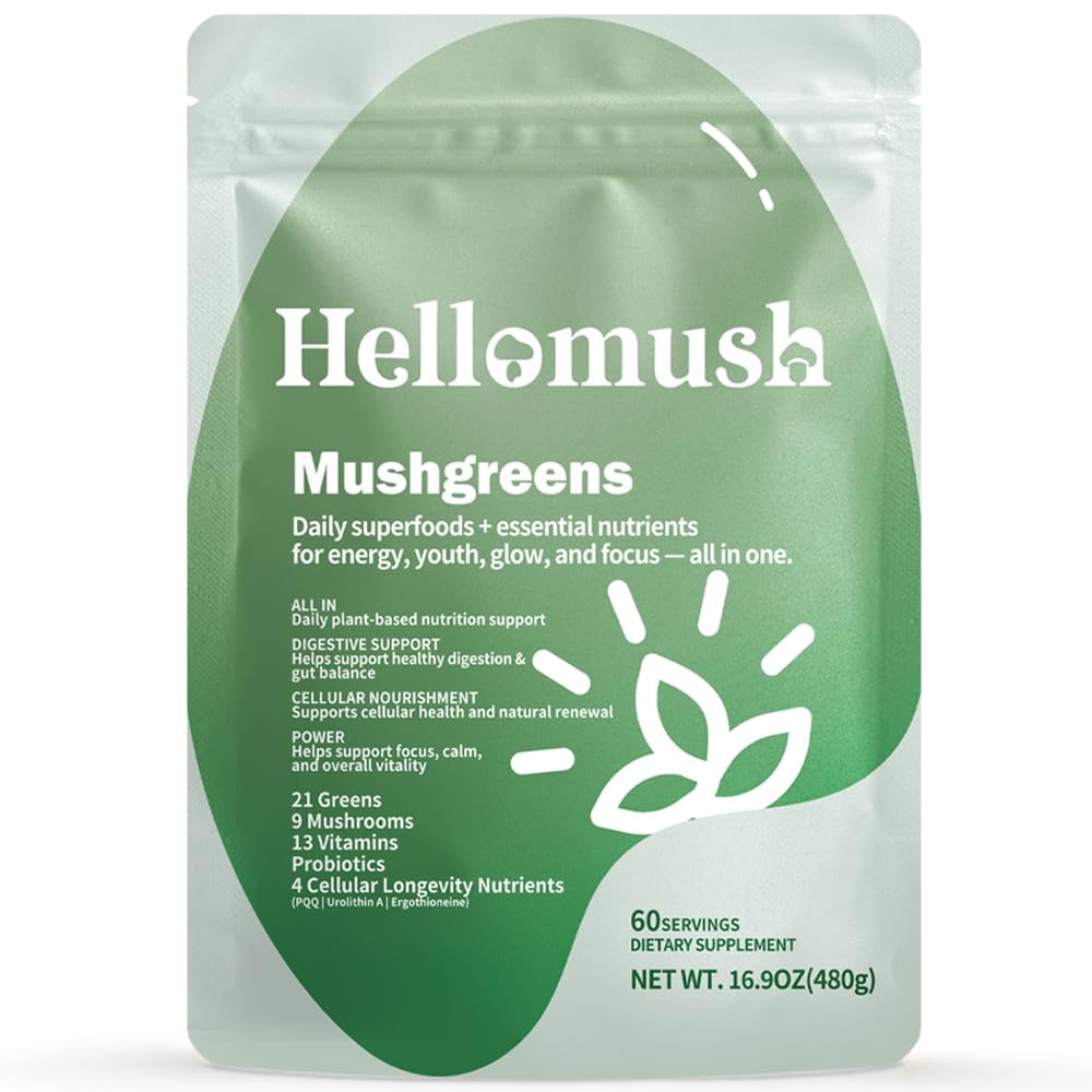 Hellomush Super Greens Powder Superfood, Daily Green Powder Supplement with Probiotics Drink Mix for Men & Women, Blend of Greens, Mushrooms, Vitamins, Probiotics and Cellular Nutrients - dailyvitalstore