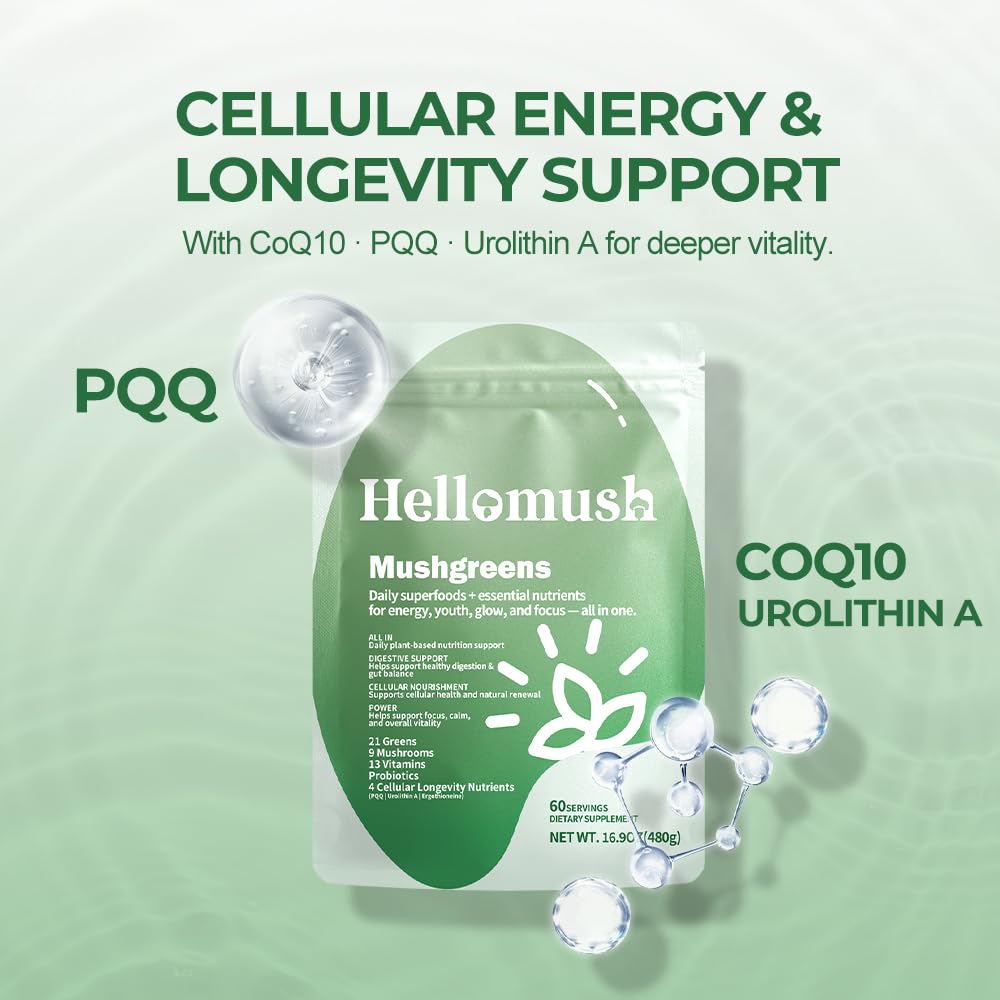Hellomush Super Greens Powder Superfood, Daily Green Powder Supplement with Probiotics Drink Mix for Men & Women, Blend of Greens, Mushrooms, Vitamins, Probiotics and Cellular Nutrients - dailyvitalstore