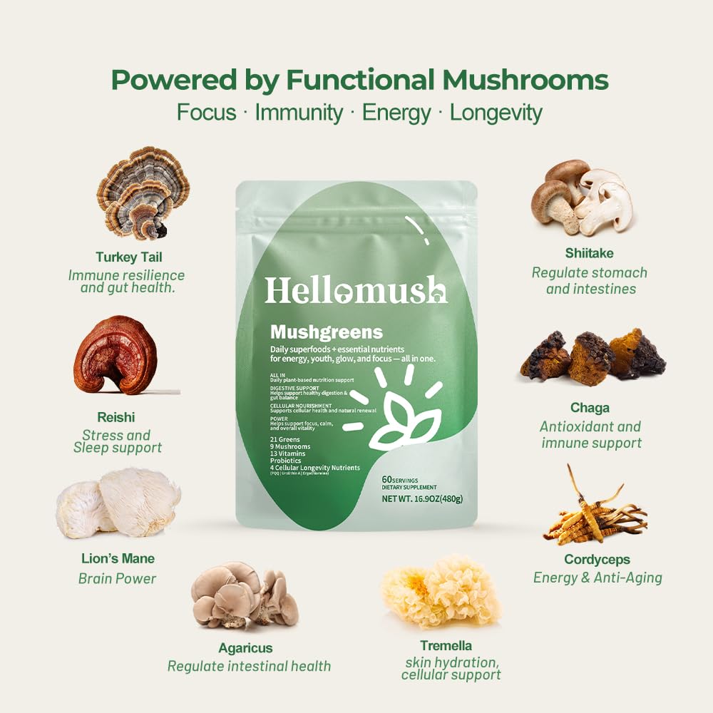 Hellomush Super Greens Powder Superfood, Daily Green Powder Supplement with Probiotics Drink Mix for Men & Women, Blend of Greens, Mushrooms, Vitamins, Probiotics and Cellular Nutrients - dailyvitalstore