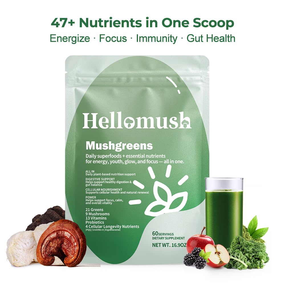 Hellomush Super Greens Powder Superfood, Daily Green Powder Supplement with Probiotics Drink Mix for Men & Women, Blend of Greens, Mushrooms, Vitamins, Probiotics and Cellular Nutrients - dailyvitalstore