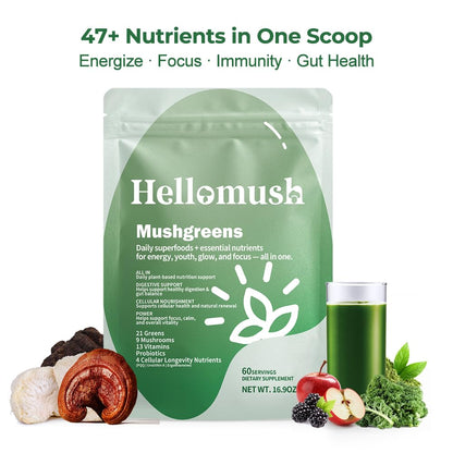 Hellomush Super Greens Powder Superfood, Daily Green Powder Supplement with Probiotics Drink Mix for Men & Women, Blend of Greens, Mushrooms, Vitamins, Probiotics and Cellular Nutrients - dailyvitalstore