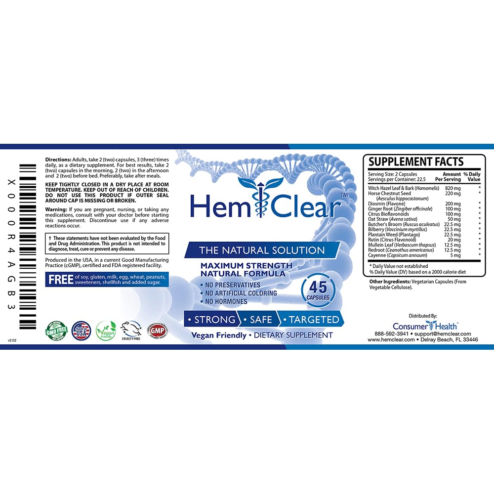 HemClear for Hemorrhoids - Vegan, 100% Natural Formula for Hemorrhoid Relief & Vascular Health - Maximum Strength 1 Bottle - dailyvitalstore