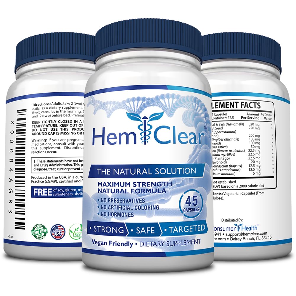HemClear for Hemorrhoids - Vegan Formula for Hemorrhoid Relief & Vascular Health - Maximum Strength 2 Bottle 90 Capsules - dailyvitalstore