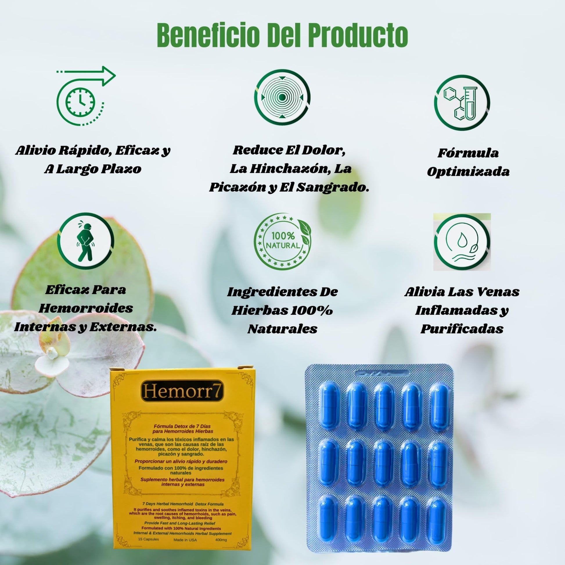 Hemorr7: 7Days 15 Capsules Herbal Hemorrhoid Detox Formula,Fórmula Herbal para desintoxicar las hemorroides Durante 7 días - dailyvitalstore