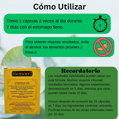 Hemorr7: 7Days 15 Capsules Herbal Hemorrhoid Detox Formula,Fórmula Herbal para desintoxicar las hemorroides Durante 7 días - dailyvitalstore