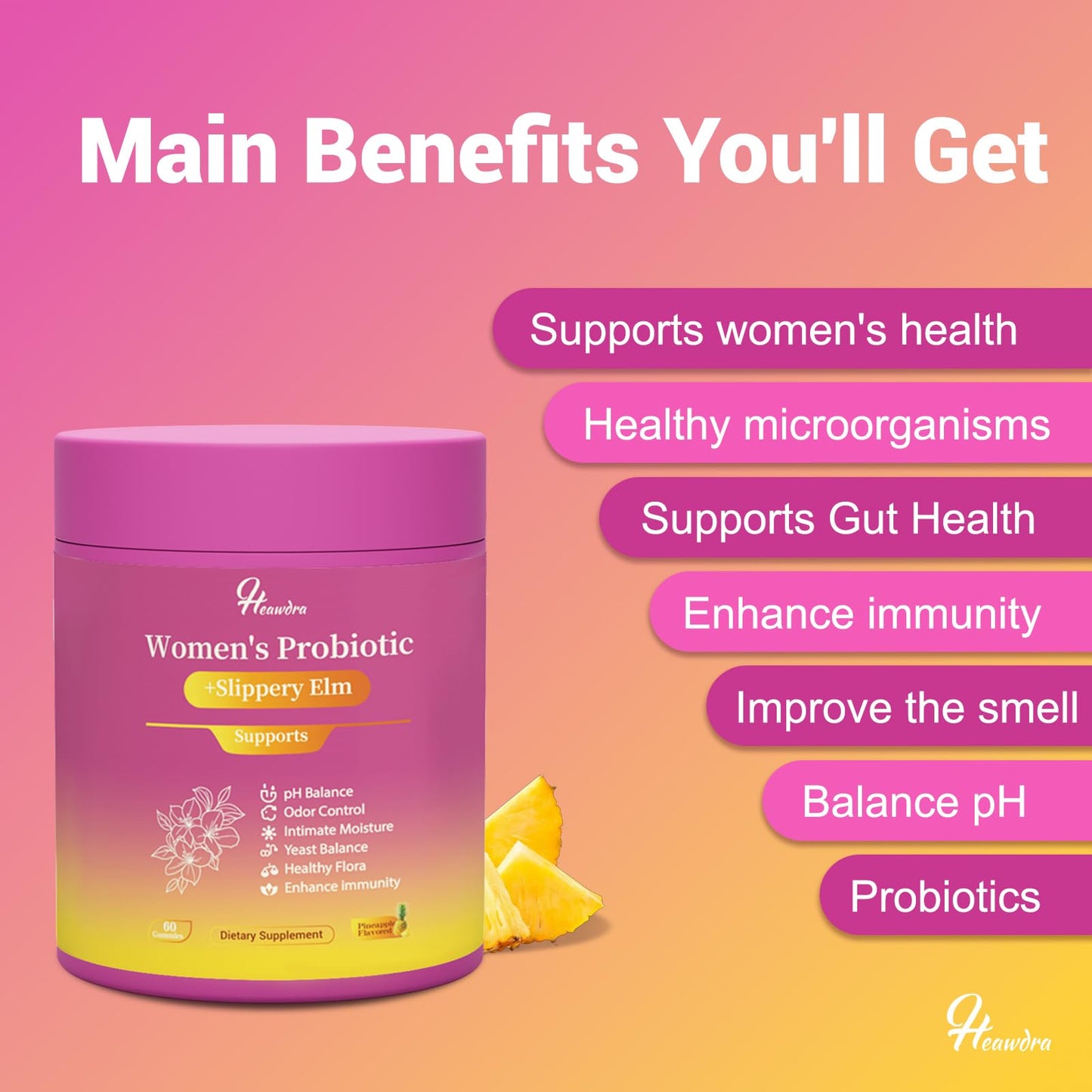 Her Juicy Women's Probiotic Gummies: Supports Women’s Wellness & pH Balance, Clean Vegan, Pineapple Flavor, Prebiotics & Lactobacillus Blend, with Slippery Elm, Gut Health & Immune Defense, 60 Gummies - dailyvitalstore