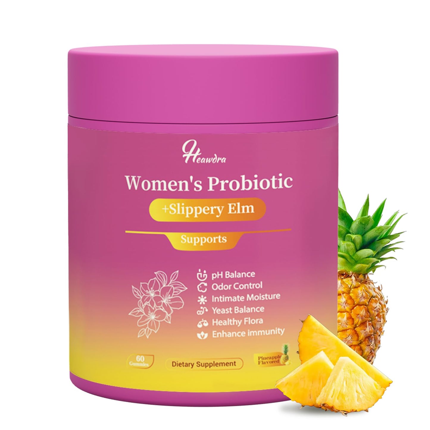 Her Juicy Women's Probiotic Gummies: Supports Women’s Wellness & pH Balance, Clean Vegan, Pineapple Flavor, Prebiotics & Lactobacillus Blend, with Slippery Elm, Gut Health & Immune Defense, 60 Gummies - dailyvitalstore