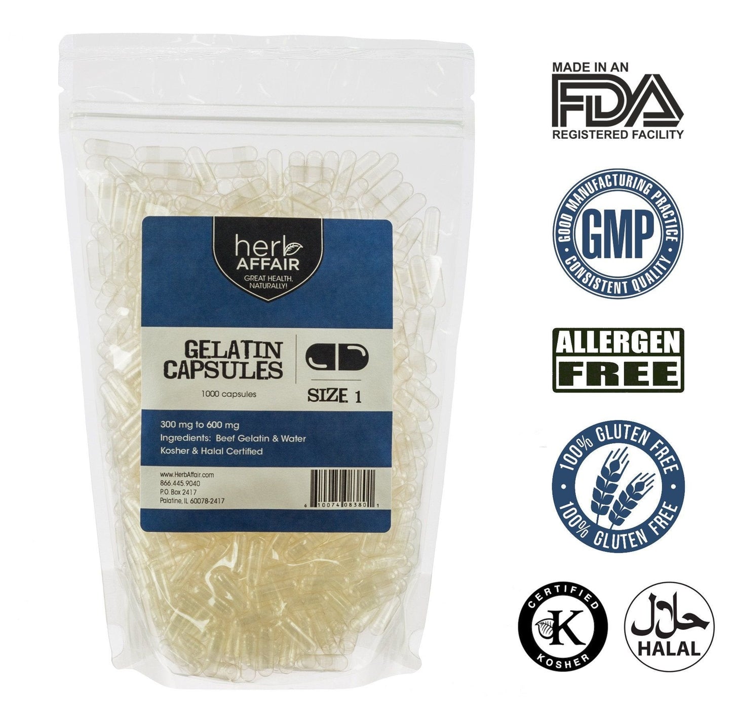 Herb Affair Clear Empty Gelatin Capsules Size 1-1000 Count – Holds 300-600mg - Great for Dogs and Kids Medication - Works with Most Capsule Fillers - dailyvitalstore