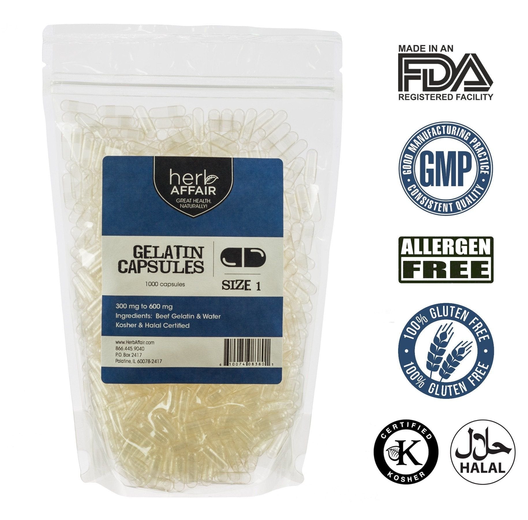 Herb Affair Clear Empty Gelatin Capsules Size 1-1000 Count – Holds 300-600mg - Great for Dogs and Kids Medication - Works with Most Capsule Fillers - dailyvitalstore