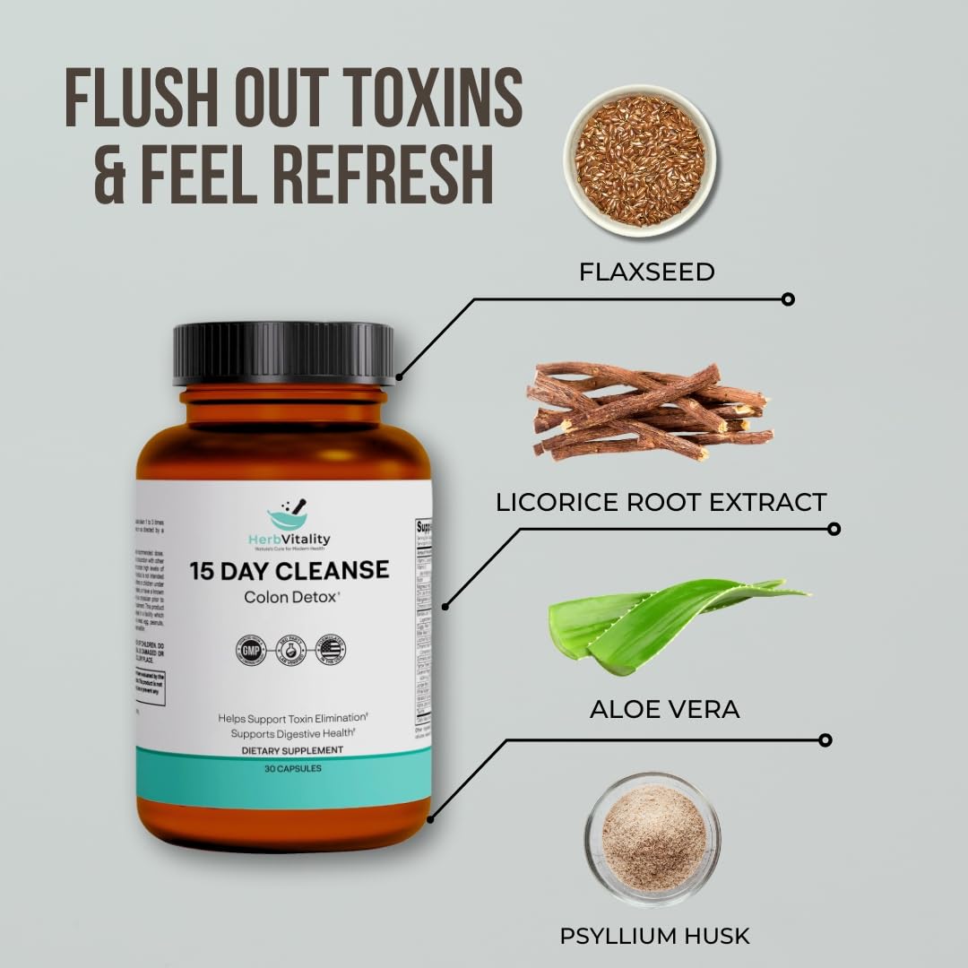 Herb Vitality 15-Day Colon Cleanse – Detox & Gut Health Support with Probiotics, Aloe Vera, Licorice Root & Psyllium Husk - dailyvitalstore