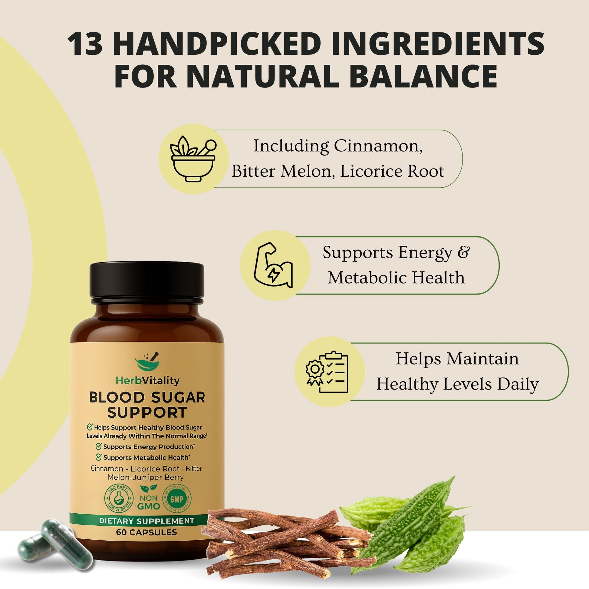 Herb Vitality Blood Sugar Support Supplement with Cinnamon, Bitter Melon – Supports Healthy Blood Sugar Levels Already Within Normal ranges - dailyvitalstore