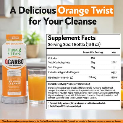 Herbal Clean Qcarbo16 Same-Day Detox Cleanse Drink (16 fl oz) - Orange Flavor Full Body Cleanse* Detox Drink for Moderate Toxin Level - dailyvitalstore