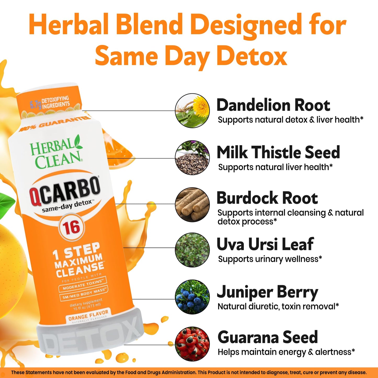 Herbal Clean Qcarbo16 Same-Day Detox Cleanse Drink (16 fl oz) - Orange Flavor Full Body Cleanse* Detox Drink for Moderate Toxin Level - dailyvitalstore