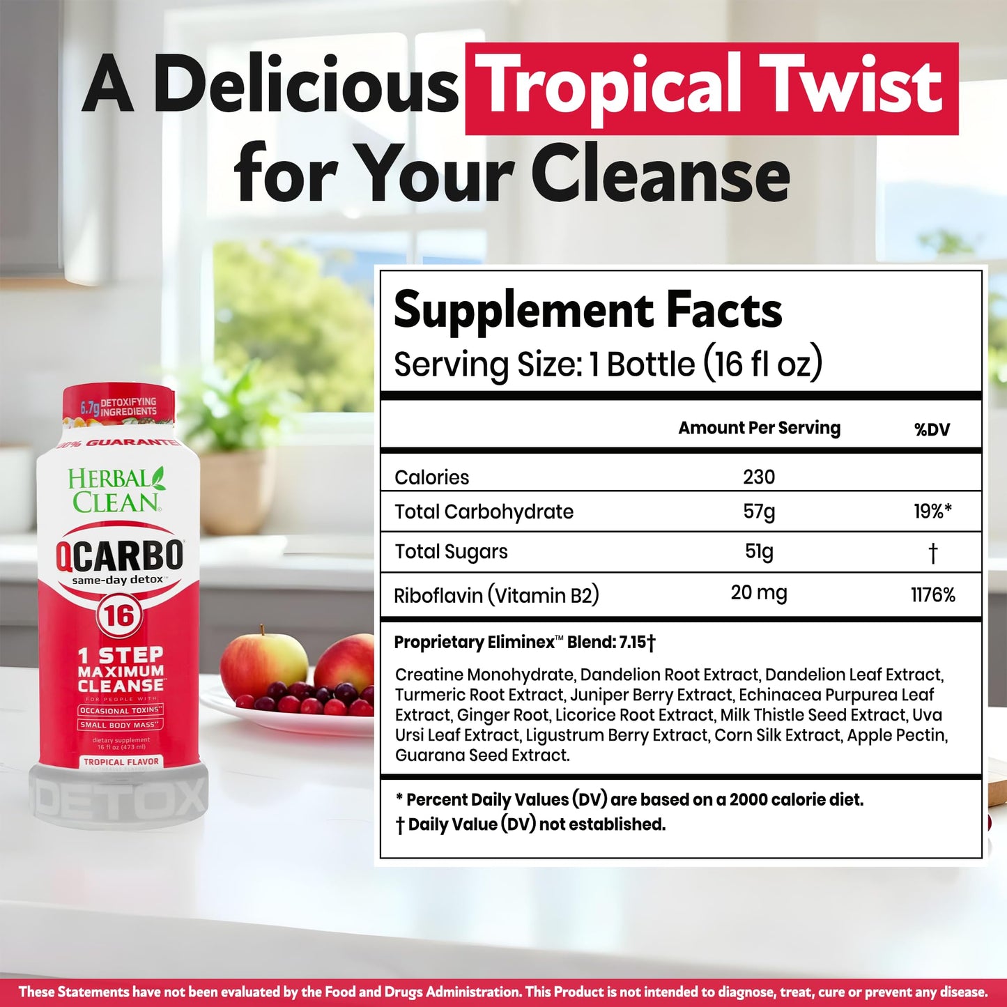Herbal Clean Qcarbo16 Same-Day Detox Cleanse Drink (16 fl oz) - Tropical Flavor Full Body Cleanse* Detox Drink for Moderate Toxin Level* - dailyvitalstore