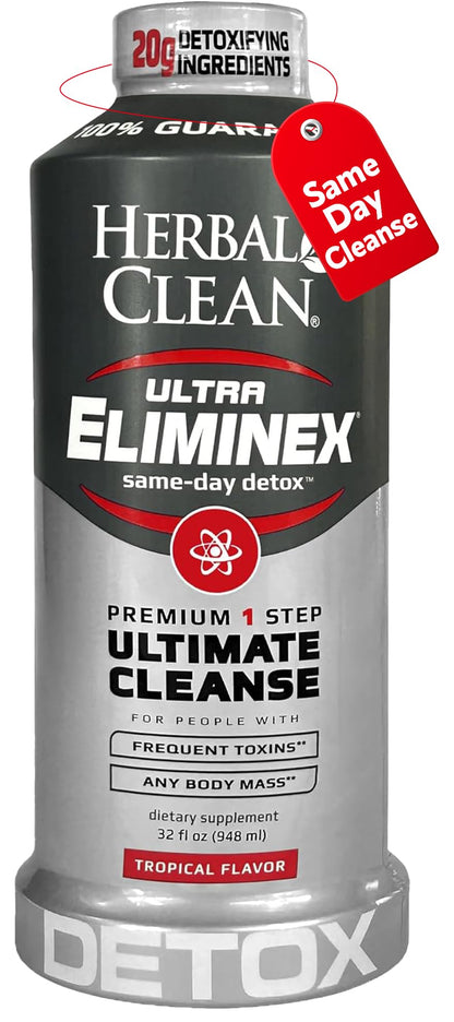 Herbal Clean Same Day Ultra Eliminex Detox Cleanse Drink* (32 fl oz) - Tropical Fruit Flavor Full Body Cleanse Detox Drink with Milk Thistle Seed* for high Toxin*, Vitamin B12 for Men & Women - dailyvitalstore