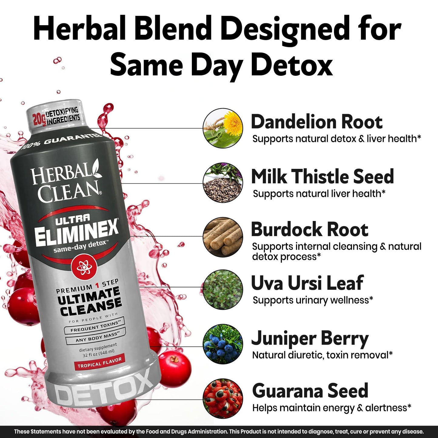 Herbal Clean Same Day Ultra Eliminex Detox Cleanse Drink* (32 fl oz) - Tropical Fruit Flavor Full Body Cleanse Detox Drink with Milk Thistle Seed* for high Toxin*, Vitamin B12 for Men & Women - dailyvitalstore