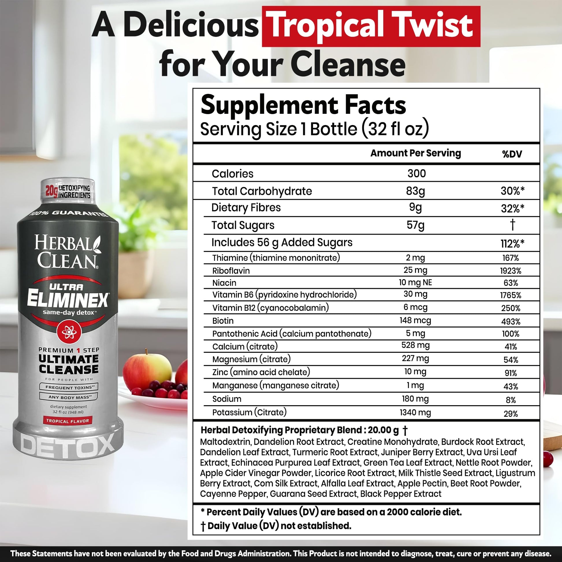 Herbal Clean Same Day Ultra Eliminex Detox Cleanse Drink* (32 fl oz) - Tropical Fruit Flavor Full Body Cleanse Detox Drink with Milk Thistle Seed* for high Toxin*, Vitamin B12 for Men & Women - dailyvitalstore