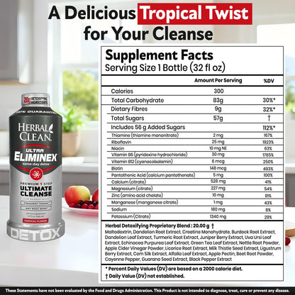 Herbal Clean Same Day Ultra Eliminex Detox Cleanse Drink* (32 fl oz) - Tropical Fruit Flavor Full Body Cleanse Detox Drink with Milk Thistle Seed* for high Toxin*, Vitamin B12 for Men & Women - dailyvitalstore