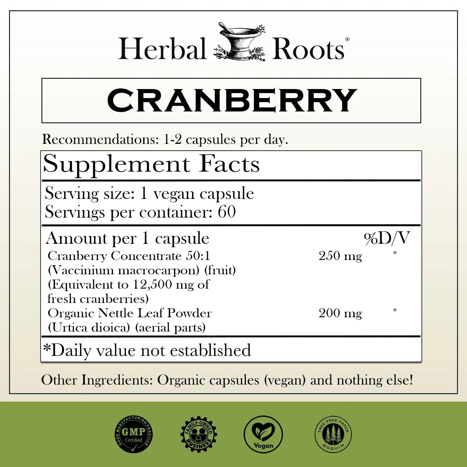 Herbal Roots Extra Strength Cranberry Pills for Women & Men with Organic Nettle | Urinary Tract Health | 60 Vegan Capsules - dailyvitalstore