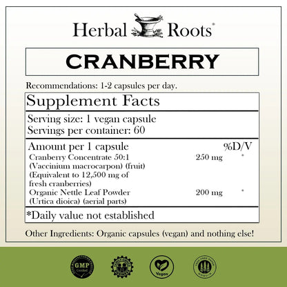Herbal Roots Extra Strength Cranberry Pills for Women & Men with Organic Nettle | Urinary Tract Health | 60 Vegan Capsules - dailyvitalstore