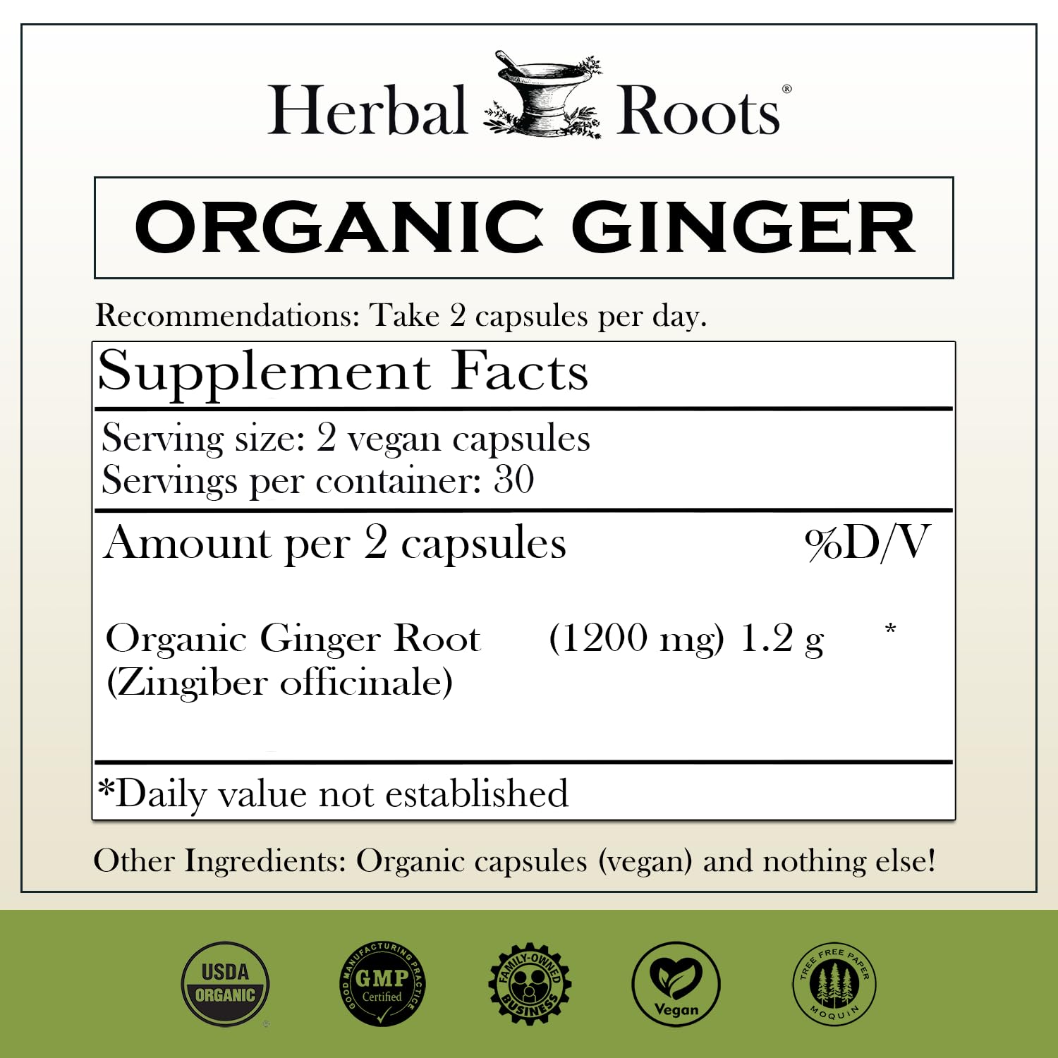 Herbal Roots Ginger Supplement | Organic Ginger Root Capsules | 1,200 mg of Pure Ginger Powder per Serving | 60 Vegan Capsules - dailyvitalstore