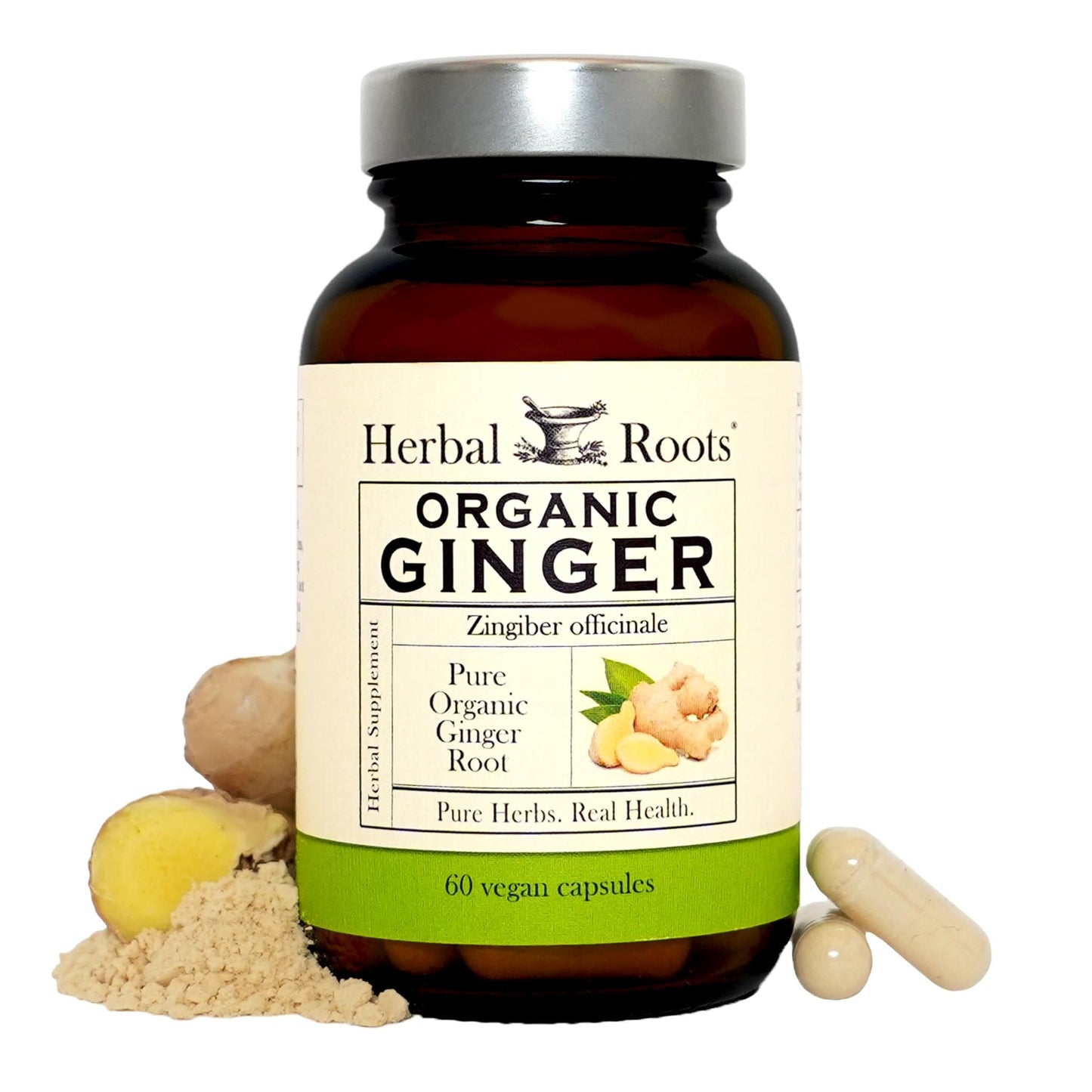 Herbal Roots Ginger Supplement | Organic Ginger Root Capsules | 1,200 mg of Pure Ginger Powder per Serving | 60 Vegan Capsules - dailyvitalstore