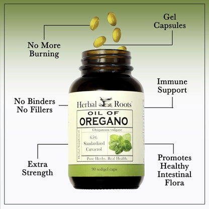 Herbal Roots Oil of Oregano - Made from Mediterranean Oregano Oil - 90 Easy to Swallow Softgel Capsules - Extra Strength 150mg - dailyvitalstore