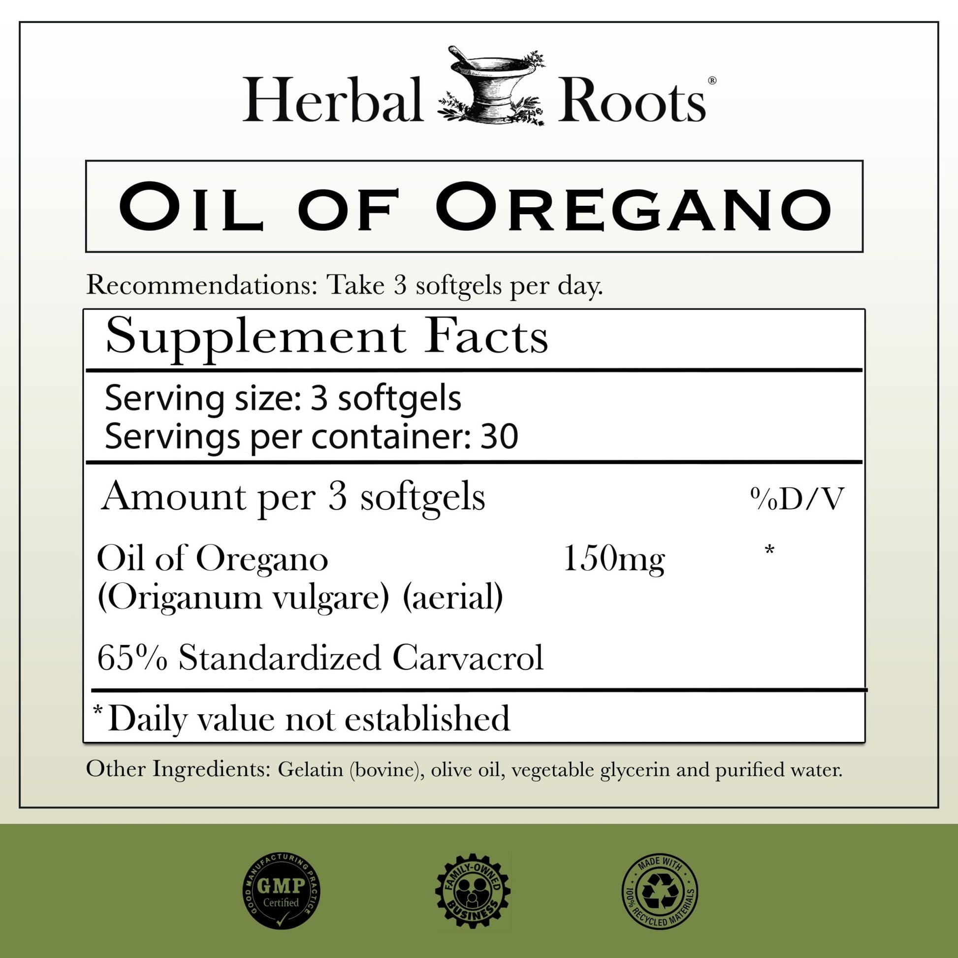 Herbal Roots Oil of Oregano - Made from Mediterranean Oregano Oil - 90 Easy to Swallow Softgel Capsules - Extra Strength 150mg - dailyvitalstore