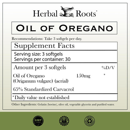 Herbal Roots Oil of Oregano - Made from Mediterranean Oregano Oil - 90 Easy to Swallow Softgel Capsules - Extra Strength 150mg - dailyvitalstore