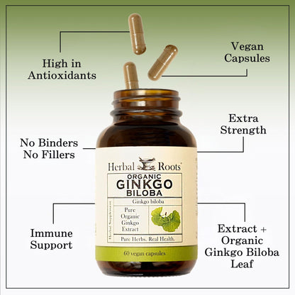 Herbal Roots Organic Ginkgo Biloba Made with Pure Organic Ginkgo Leaf and Extract - 60 Vegan Capsules - dailyvitalstore