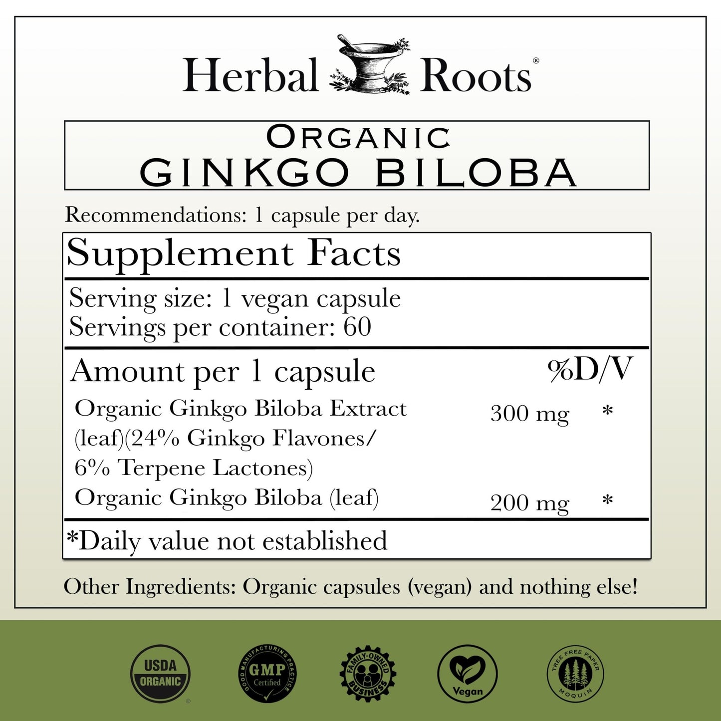 Herbal Roots Organic Ginkgo Biloba Made with Pure Organic Ginkgo Leaf and Extract - 60 Vegan Capsules - dailyvitalstore