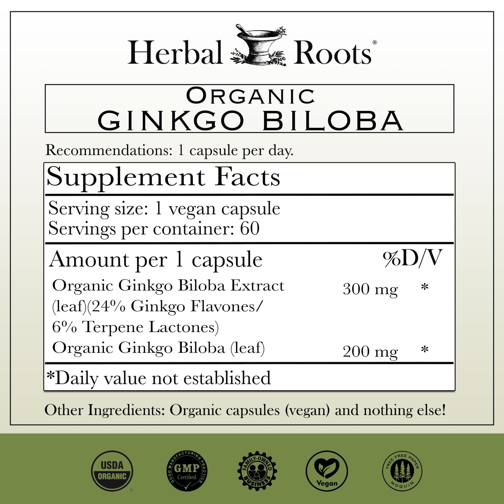 Herbal Roots Organic Ginkgo Biloba Made with Pure Organic Ginkgo Leaf and Extract - 60 Vegan Capsules - dailyvitalstore