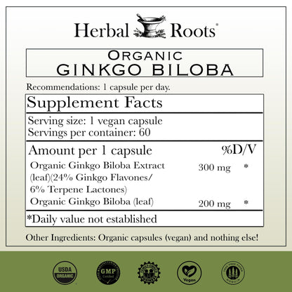 Herbal Roots Organic Ginkgo Biloba Made with Pure Organic Ginkgo Leaf and Extract - 60 Vegan Capsules - dailyvitalstore