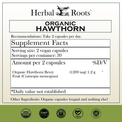 Herbal Roots Organic Hawthorn Berry Capsules | Extra Strength 1,200mg per Serving | 60 Vegan Capsules - dailyvitalstore