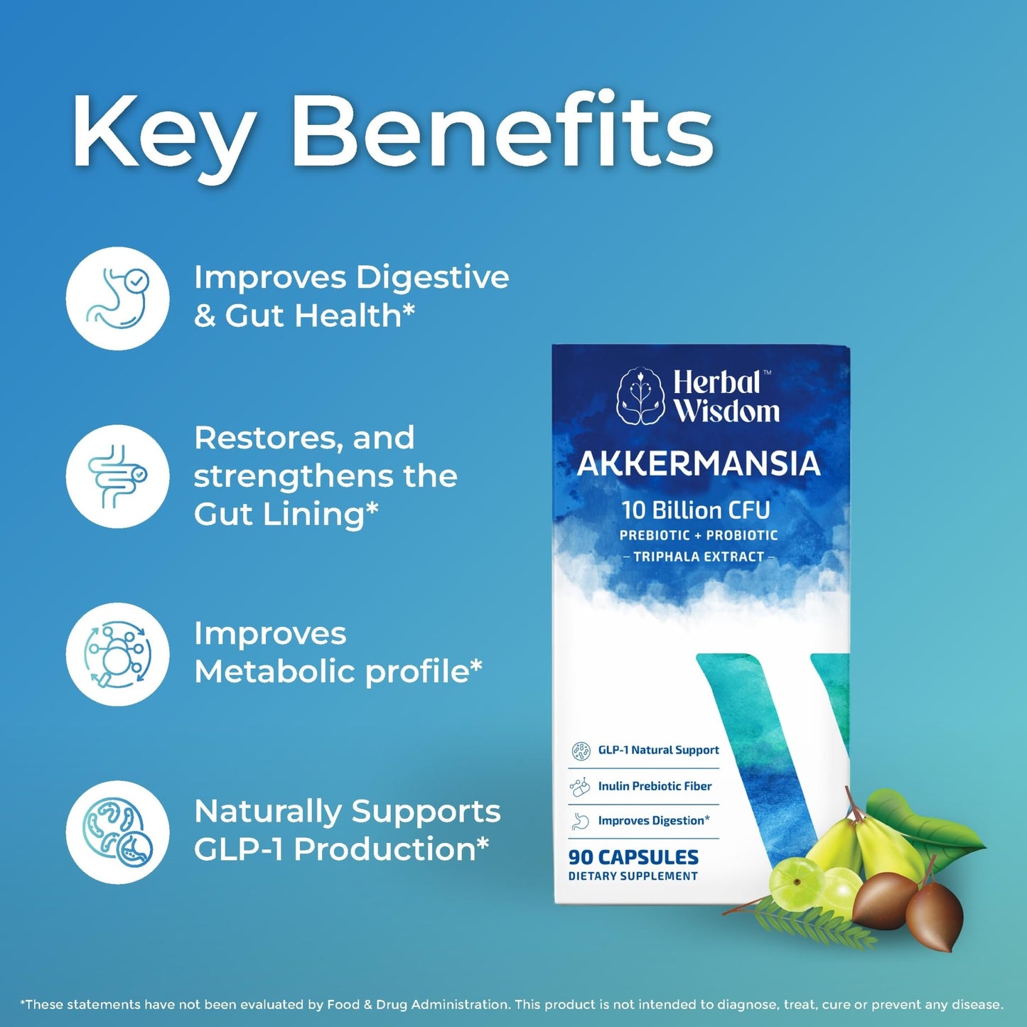 Herbal Wisdom Akkermansia Probiotic 10 Billion CFU - Advanced Support, Probiotic+Prebiotic | for Gut & Metabolism Support - No Bloating | with Inulin & Triphala - dailyvitalstore