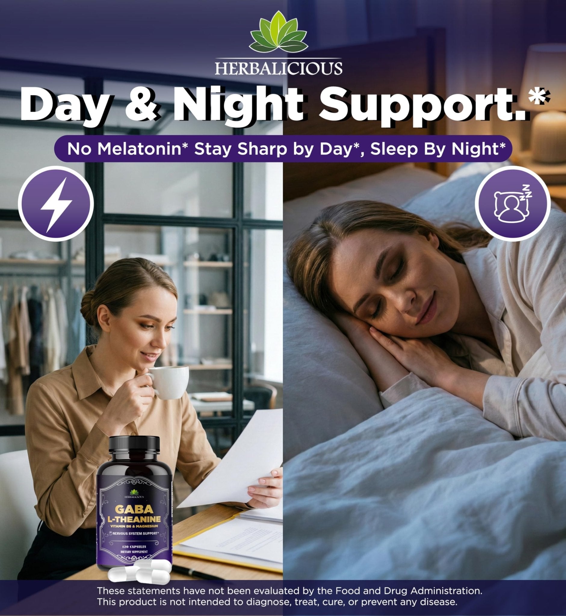 HERBALICIOUS GABA L-Theanine with Magnesium – Calm & Focus Support, Stress Relief, Relaxation + Mood Balance, Brain & Memory Support Supplement – Vitamin B6 + B12 Complex – 120 Capsules - dailyvitalstore