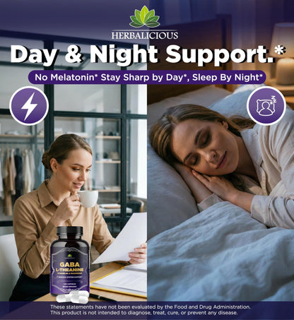 HERBALICIOUS GABA L-Theanine with Magnesium – Calm & Focus Support, Stress Relief, Relaxation + Mood Balance, Brain & Memory Support Supplement – Vitamin B6 + B12 Complex – 120 Capsules - dailyvitalstore