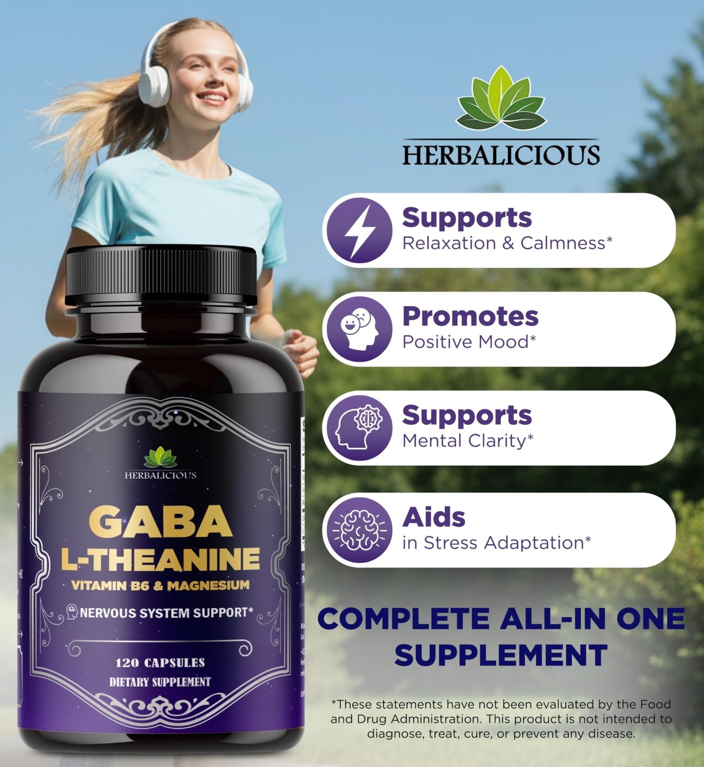 HERBALICIOUS GABA L-Theanine with Magnesium – Calm & Focus Support, Stress Relief, Relaxation + Mood Balance, Brain & Memory Support Supplement – Vitamin B6 + B12 Complex – 120 Capsules - dailyvitalstore