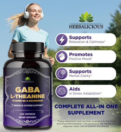 HERBALICIOUS GABA L-Theanine with Magnesium – Calm & Focus Support, Stress Relief, Relaxation + Mood Balance, Brain & Memory Support Supplement – Vitamin B6 + B12 Complex – 120 Capsules - dailyvitalstore