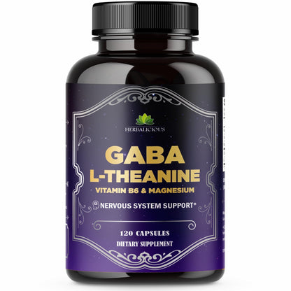 HERBALICIOUS GABA L-Theanine with Magnesium – Calm & Focus Support, Stress Relief, Relaxation + Mood Balance, Brain & Memory Support Supplement – Vitamin B6 + B12 Complex – 120 Capsules - dailyvitalstore