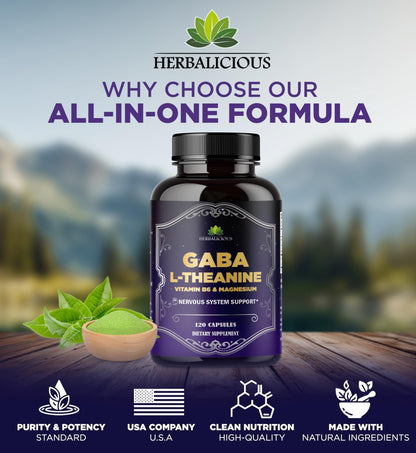 HERBALICIOUS GABA L-Theanine with Magnesium – Calm & Focus Support, Stress Relief, Relaxation + Mood Balance, Brain & Memory Support Supplement – Vitamin B6 + B12 Complex – 120 Capsules - dailyvitalstore