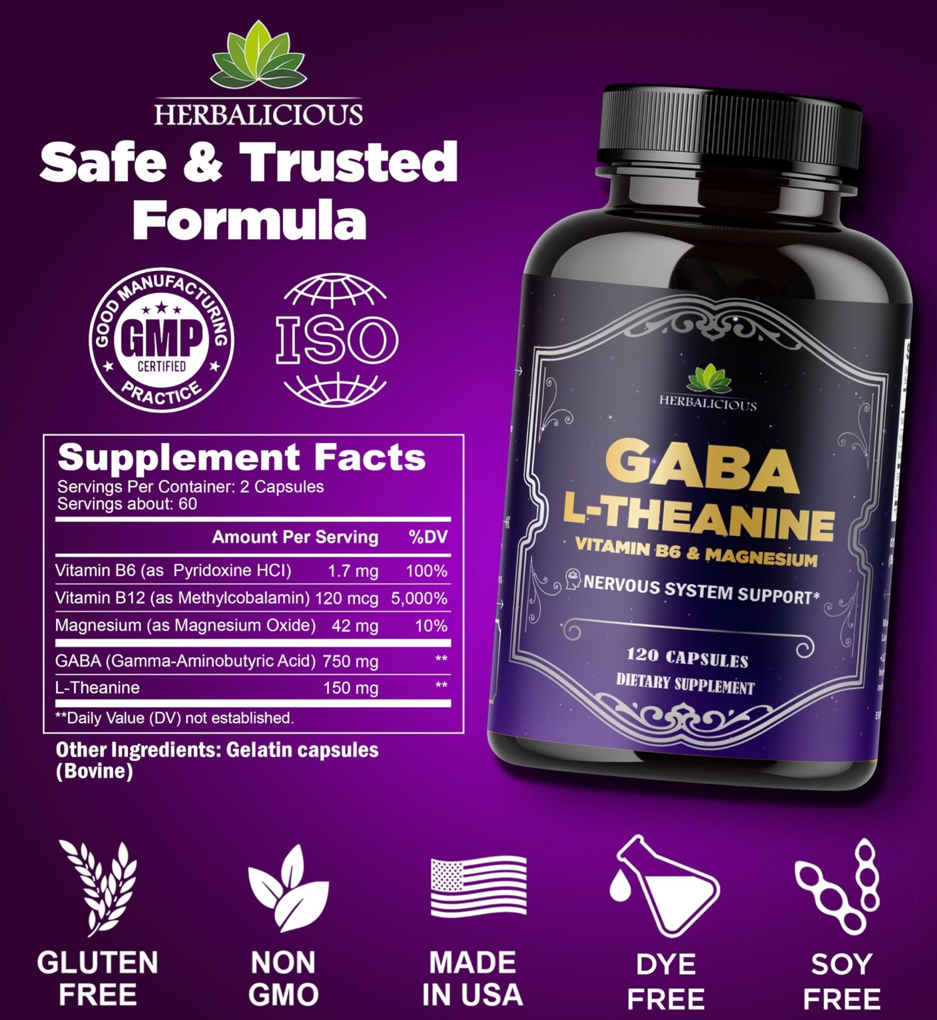 HERBALICIOUS GABA L-Theanine with Magnesium – Calm & Focus Support, Stress Relief, Relaxation + Mood Balance, Brain & Memory Support Supplement – Vitamin B6 + B12 Complex – 120 Capsules - dailyvitalstore
