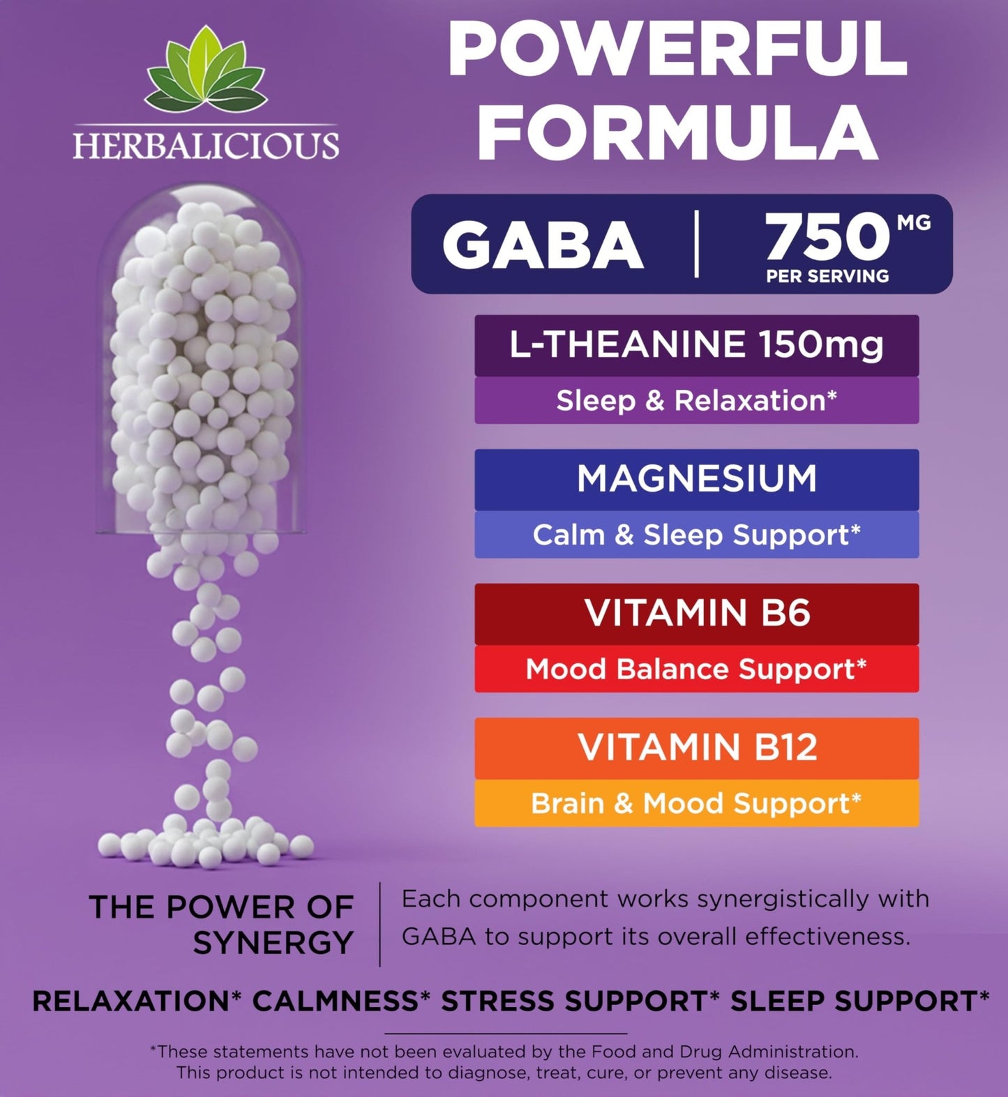 HERBALICIOUS GABA L-Theanine with Magnesium – Calm & Focus Support, Stress Relief, Relaxation + Mood Balance, Brain & Memory Support Supplement – Vitamin B6 + B12 Complex – 120 Capsules - dailyvitalstore