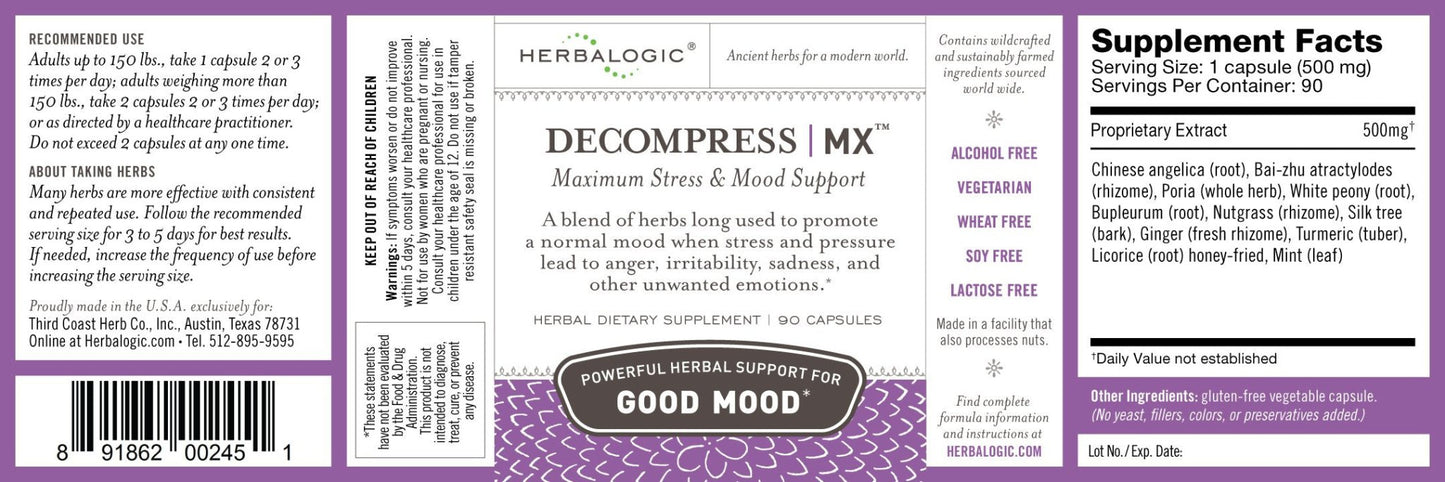Herbalogic - Decompress MX Herb Capsules - Maximum Stress & Tension Relief - Reduces Anger & Moodiness, Positive Mood Support - Based on the Traditional Chinese Formula Xiao Yao San - 90 Cap Count - dailyvitalstore