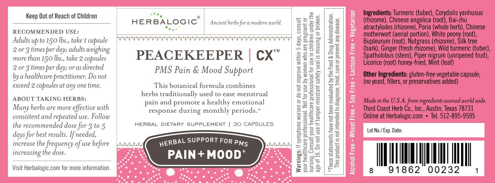 Herbalogic - Peacekeeper CX Herb Capsules - Reduces PMS Related Mood Swings - Reduces Cramps & Pain Associated with Monthly Periods - Contains Turmeric & Corydalis - 30 Cap Count - dailyvitalstore