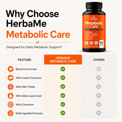 HerbaMe Berberine Supplement with Ceylon Cinnamon, Chromium, Alpha Lipoic Acid, Metabolic Care Supports Metabolism & Cardiovascular Health and Immune System - dailyvitalstore
