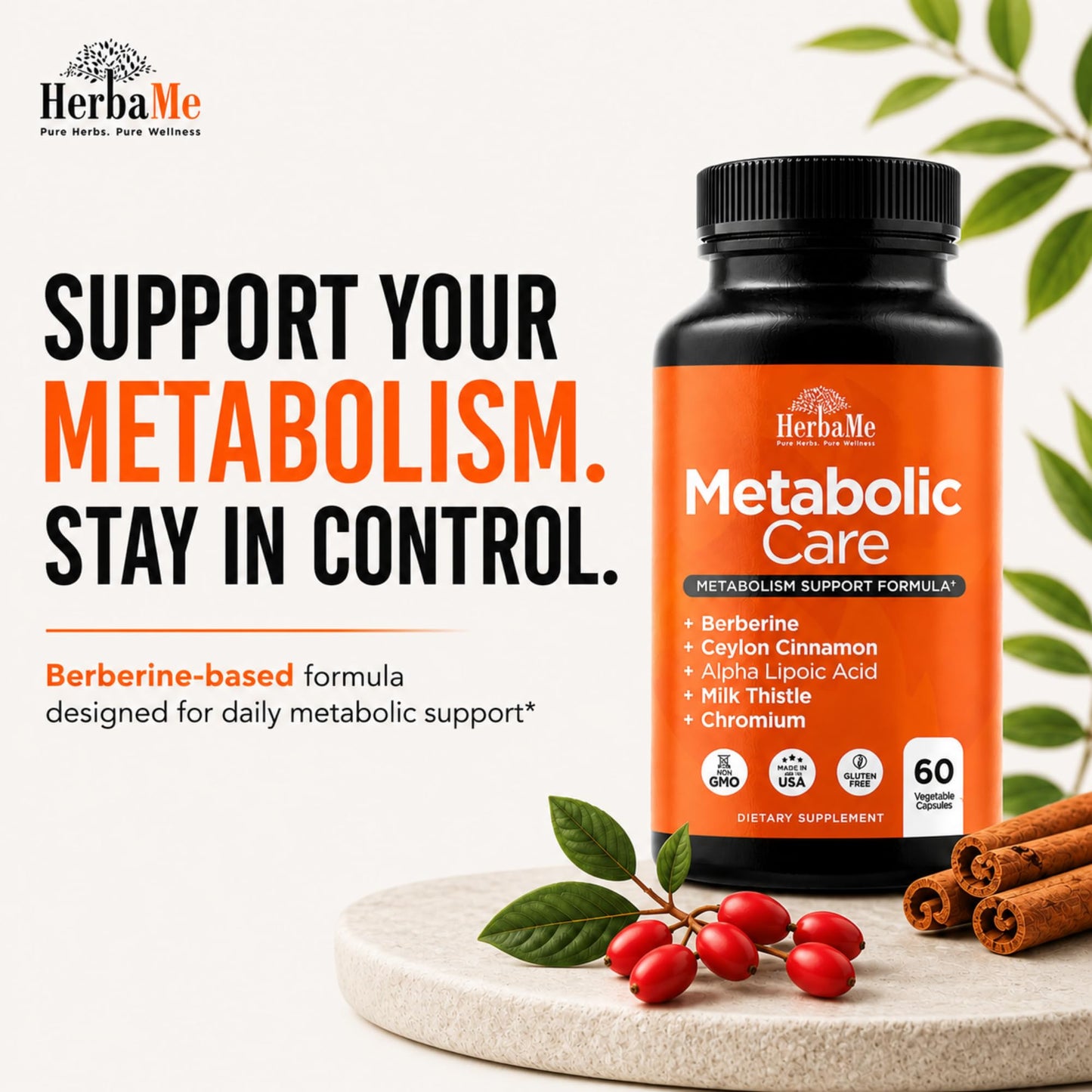 HerbaMe Berberine Supplement with Ceylon Cinnamon, Chromium, Alpha Lipoic Acid, Metabolic Care Supports Metabolism & Cardiovascular Health and Immune System - dailyvitalstore