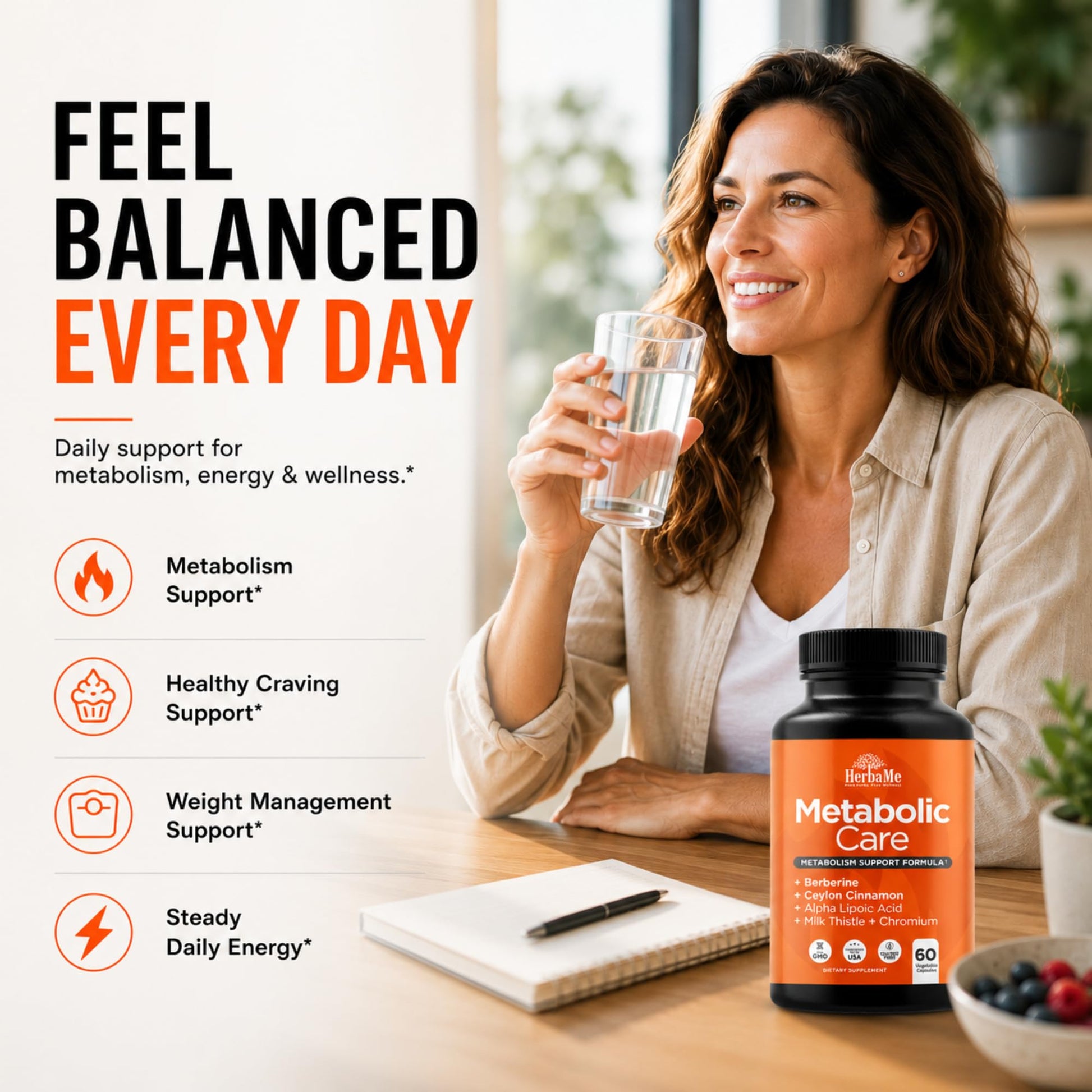 HerbaMe Berberine Supplement with Ceylon Cinnamon, Chromium, Alpha Lipoic Acid, Metabolic Care Supports Metabolism & Cardiovascular Health and Immune System - dailyvitalstore