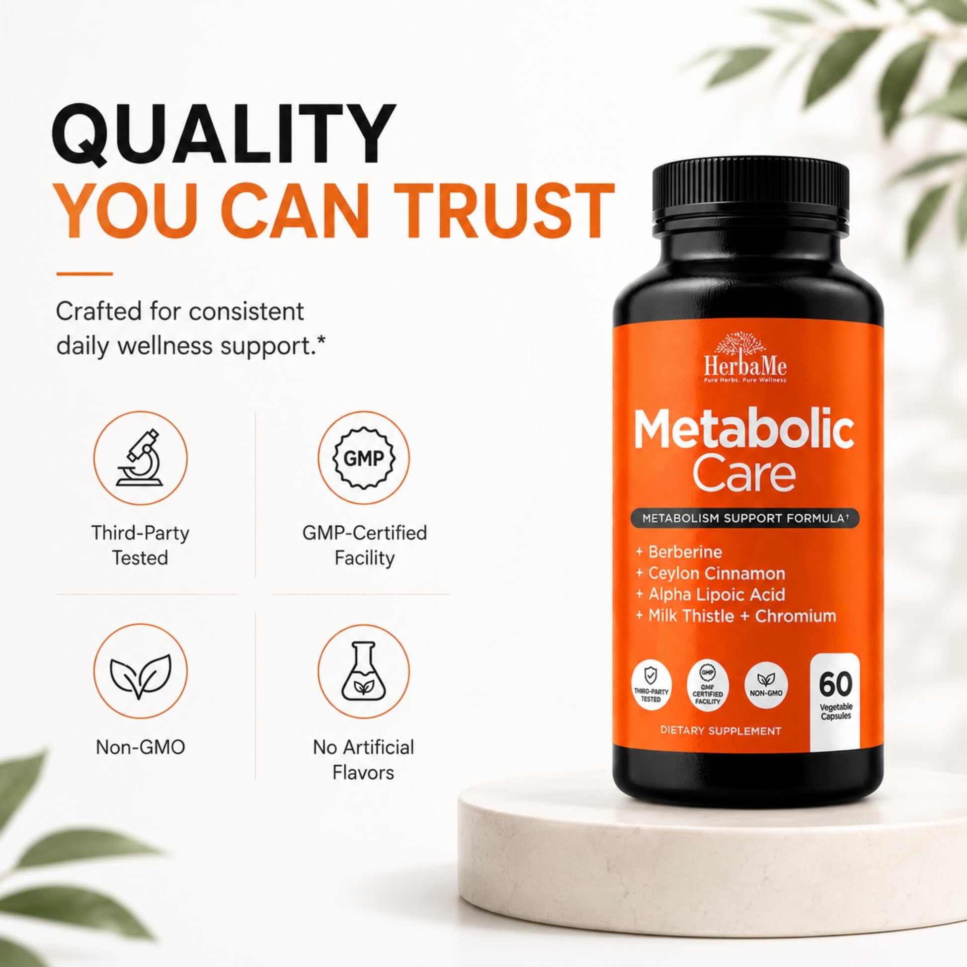 HerbaMe Berberine Supplement with Ceylon Cinnamon, Chromium, Alpha Lipoic Acid, Metabolic Care Supports Metabolism & Cardiovascular Health and Immune System - dailyvitalstore